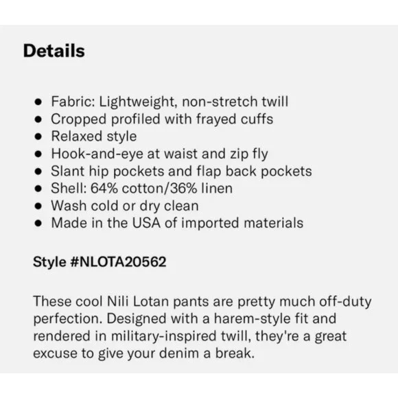 Nili Lotan 00 Slouchy Linen $380 Luna Pants Drop Crotch Cropped Army Green 0 2 4 - Picture 6 of 11